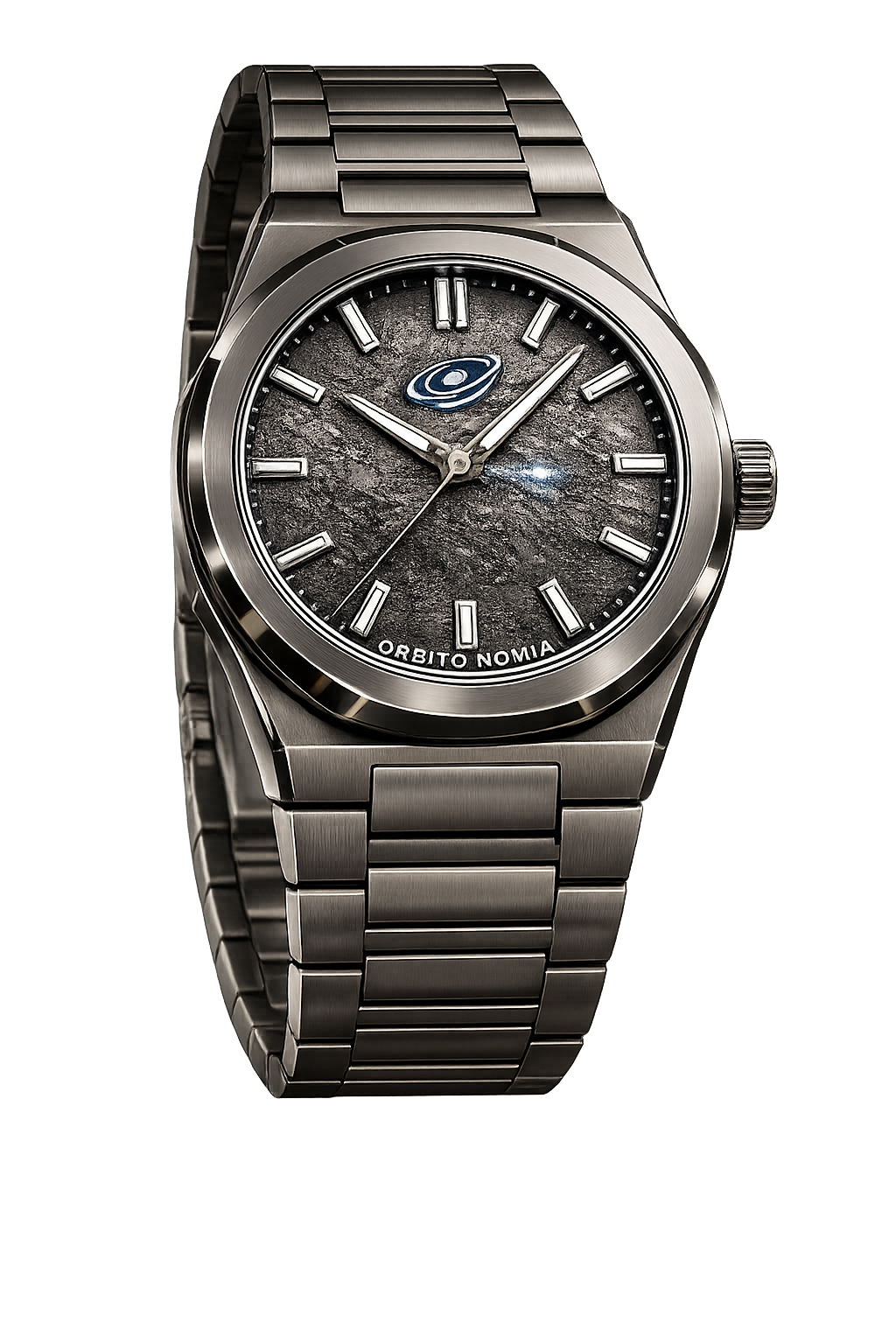 Orbitonomia collector watch with a textured dial and steel bracelet created as a cultural object for the commercial space economy